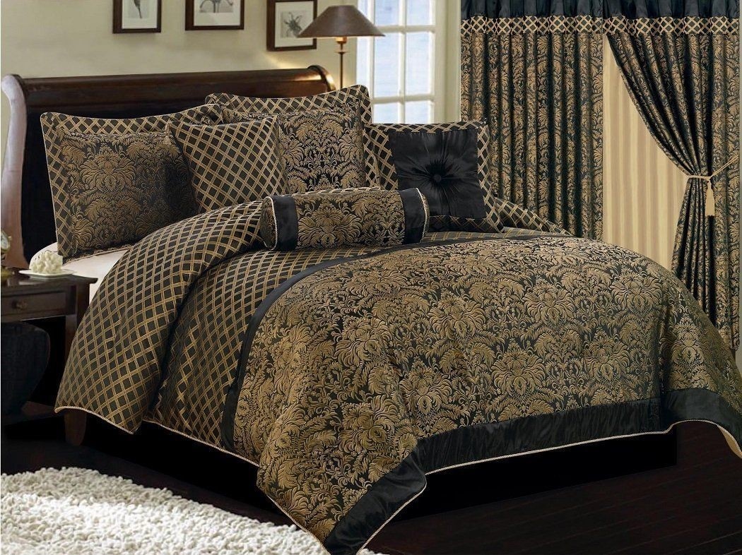Lisbon 7 piece comforter set luxury black gold jacquard