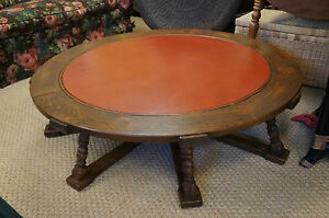 Massive viking oak round coffee table romweber leather