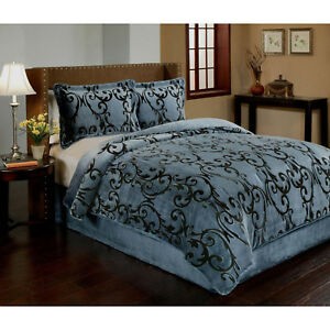 New blue black soft velvety damask 3 pcs comforter shams