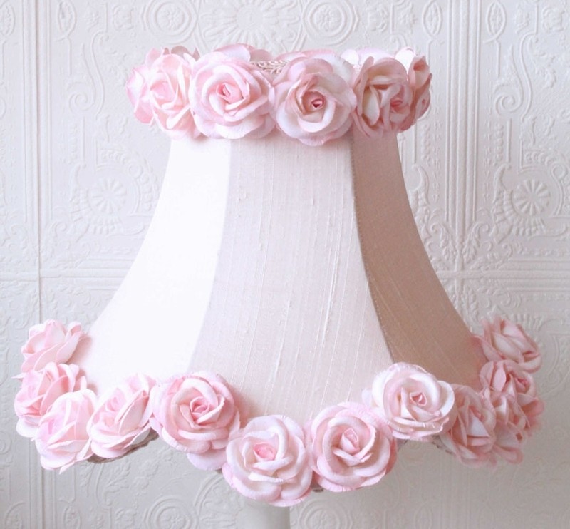 Pink dupioni silk lamp shade with roses 1