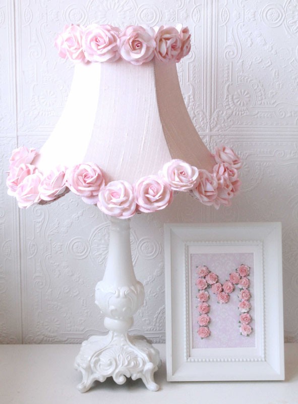 Pink dupioni silk lamp shade with roses
