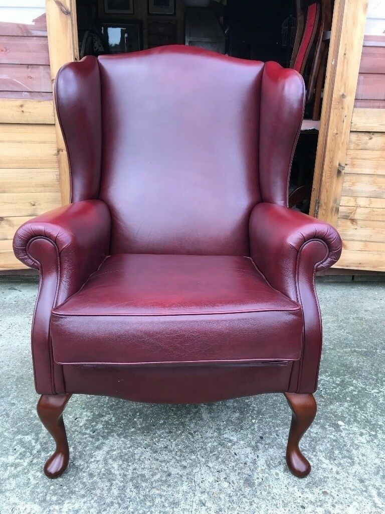 Red leather high wing back chair chesterfield queen ann