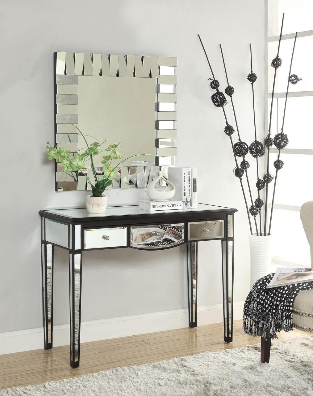 The xandra black mirrored makeup vanity desk with no