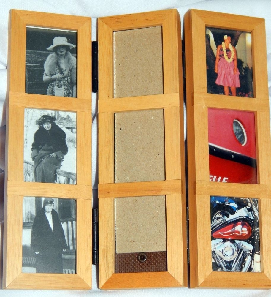 Trifold folding solid wood standing picture frame holds 9