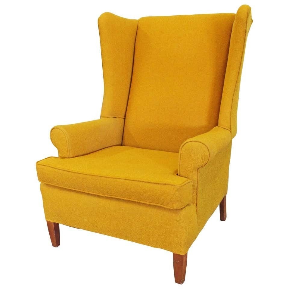 Vintage mid century mustard yellow fireside wing back chair 1