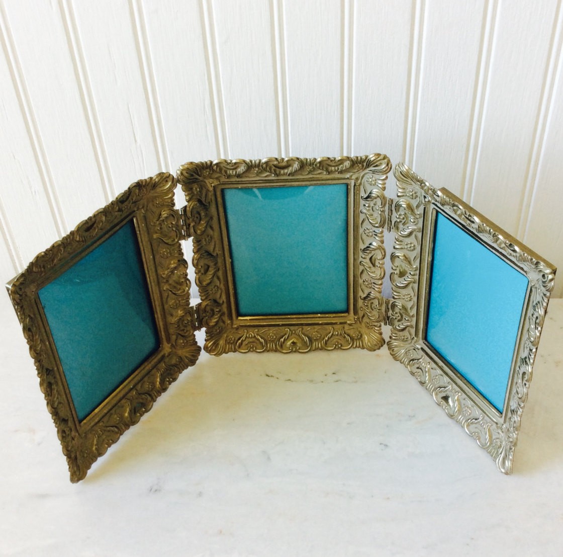 Vintage tri fold gold metal ornate hinged picture frames