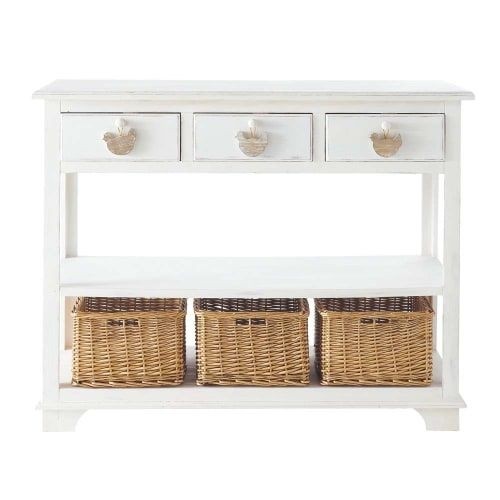 White console table with 3 drawers and 3 baskets in