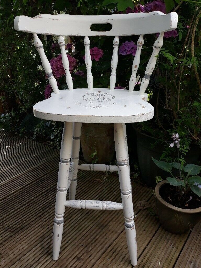 Wooden bar stool shabby chic white chalk paint with grey
