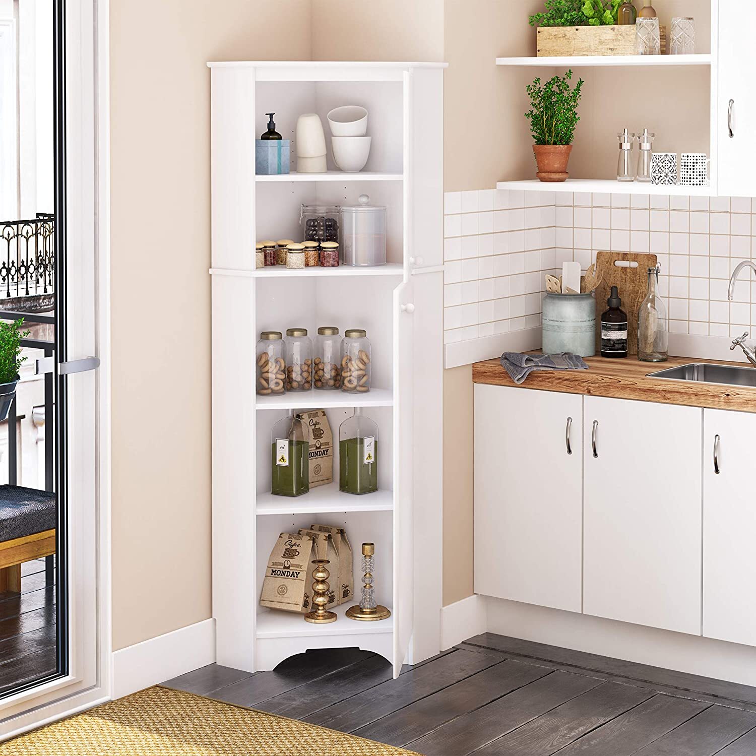 A corner stand alone kitchen cabinet