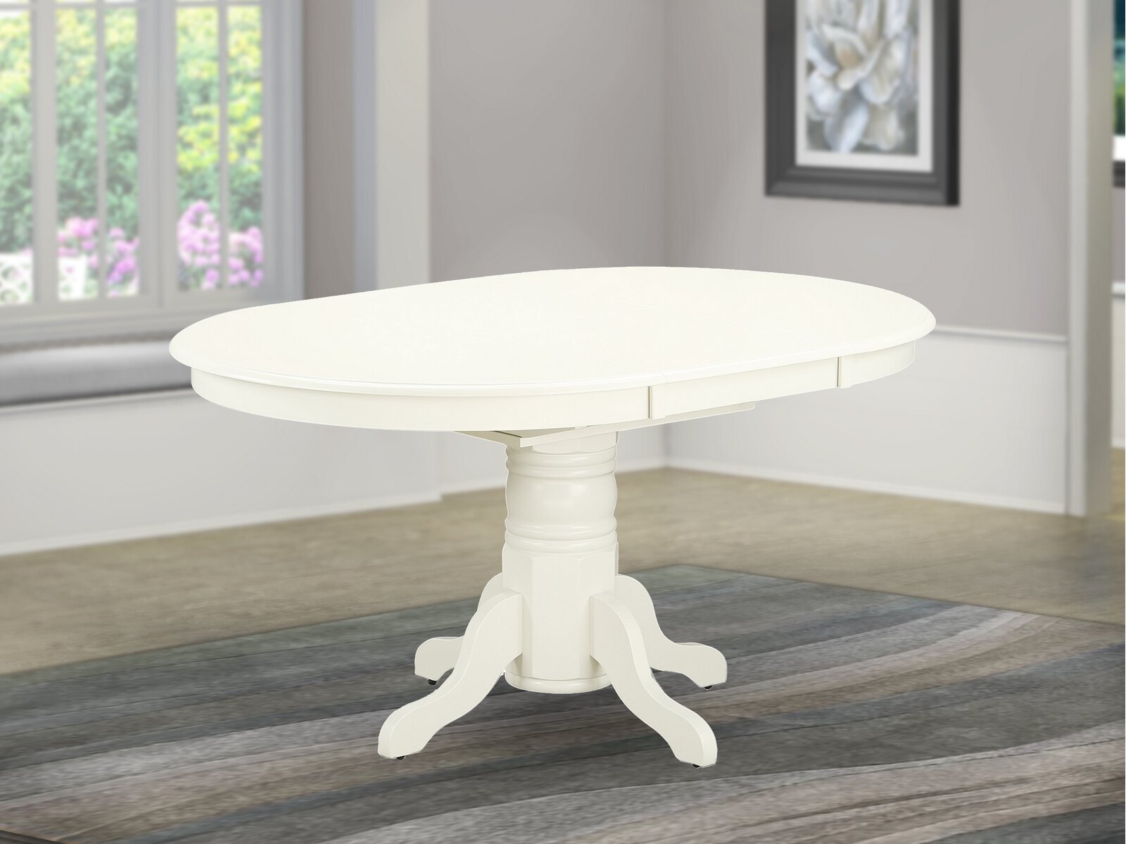 A cream or white neutral dining table with leaves that pull out