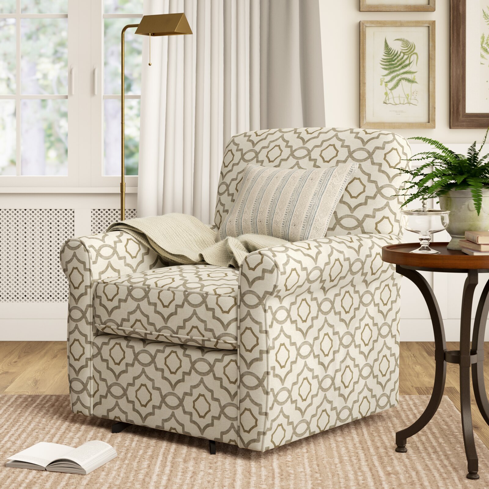 A farmhouse chic big round chair with patterned upholstery
