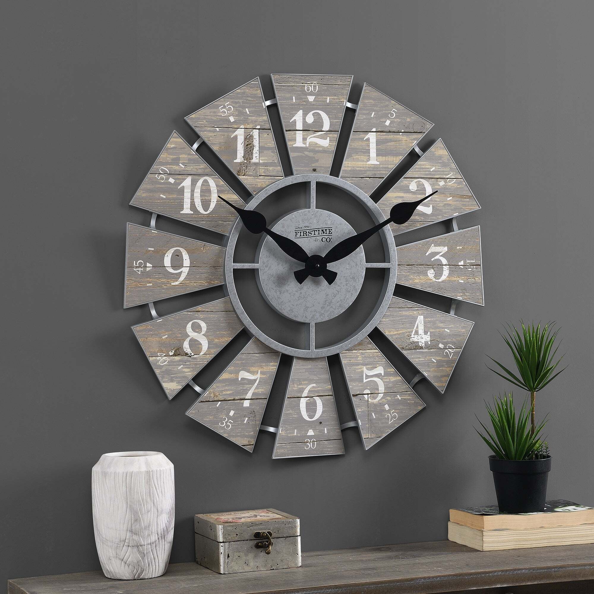 A farmhouse chic windmill inspired giant clock