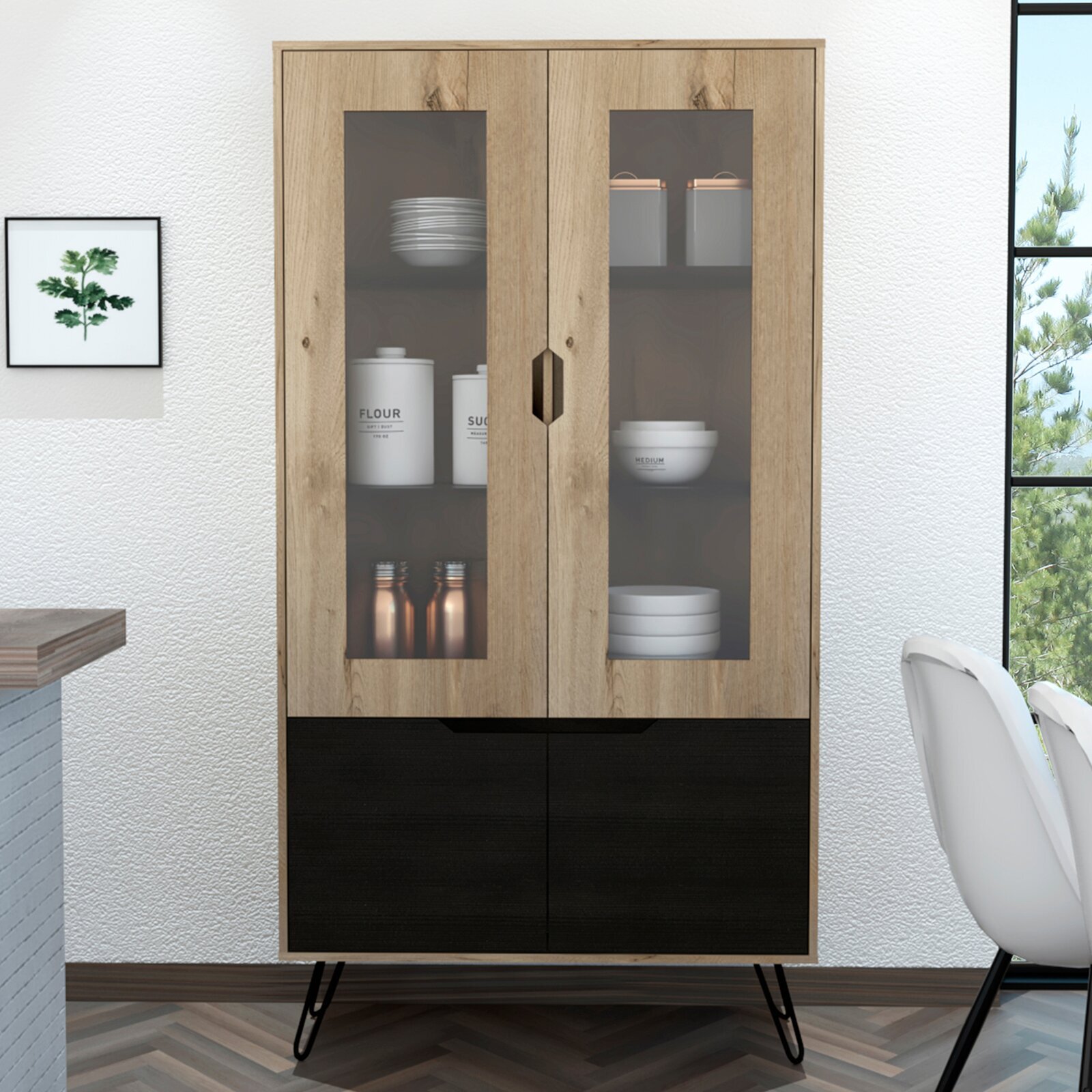 A freestanding cabinet with elevated legs 