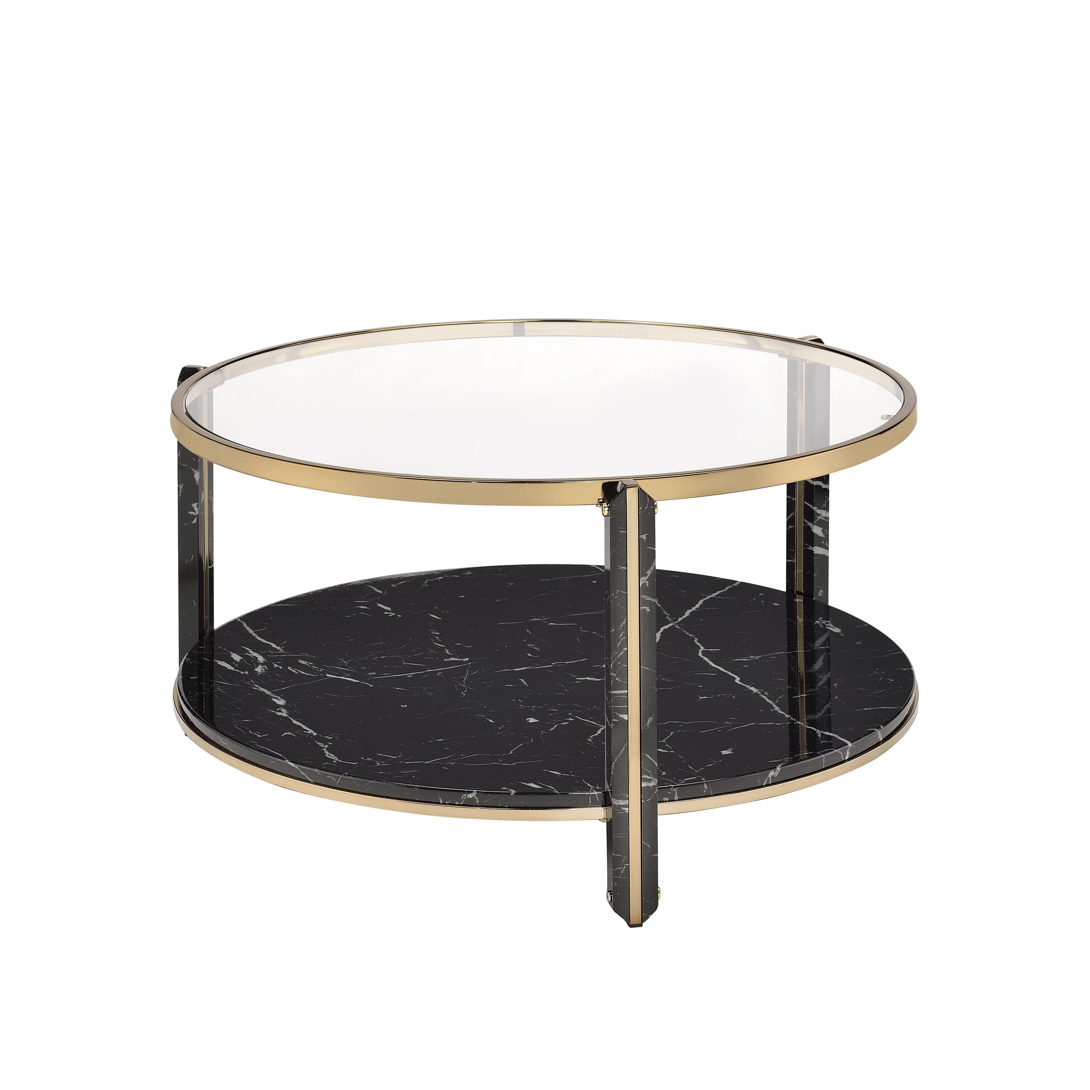 A glass and black marble coffee table