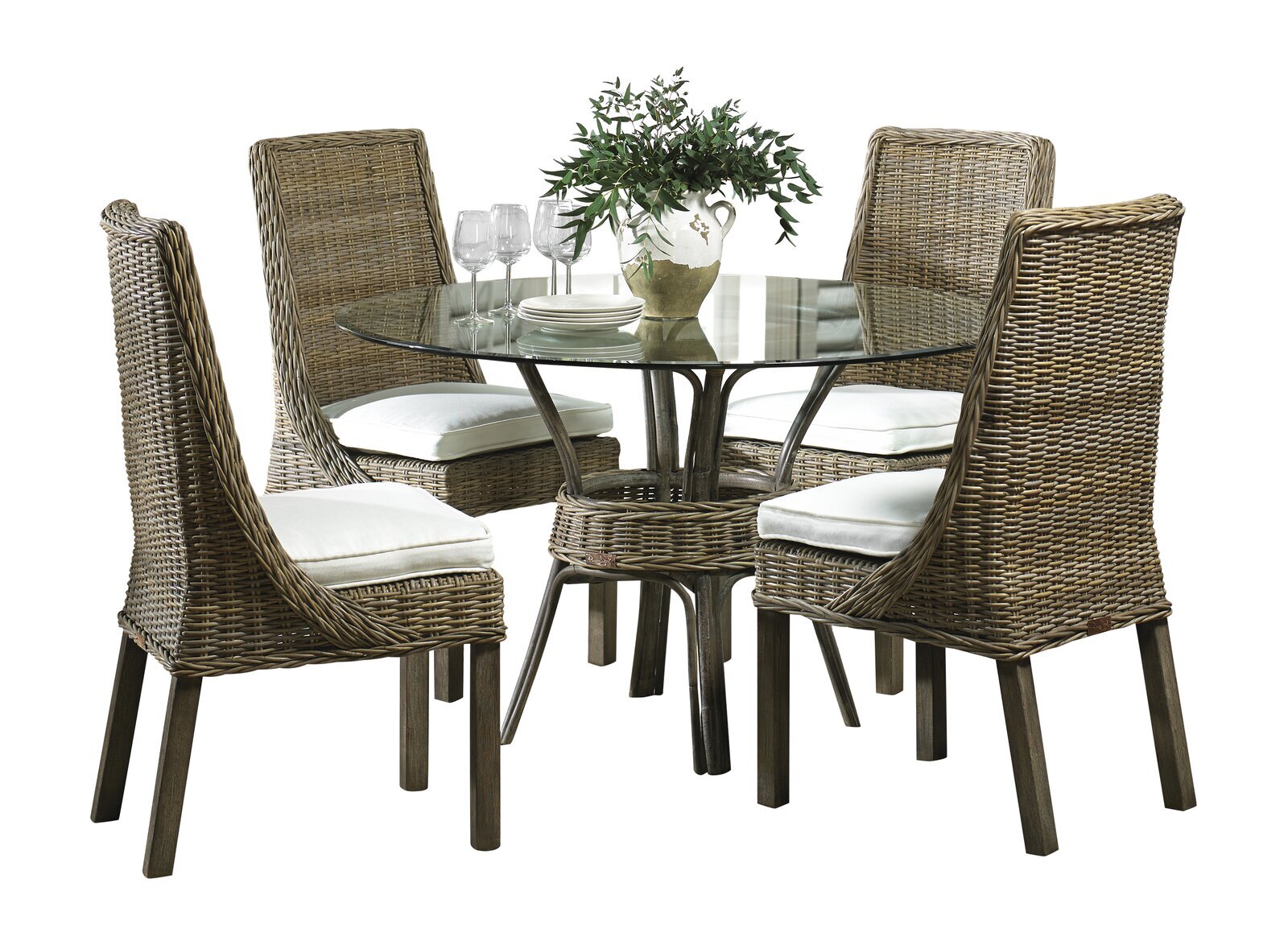 A glass and rattan round dining set for 4 
