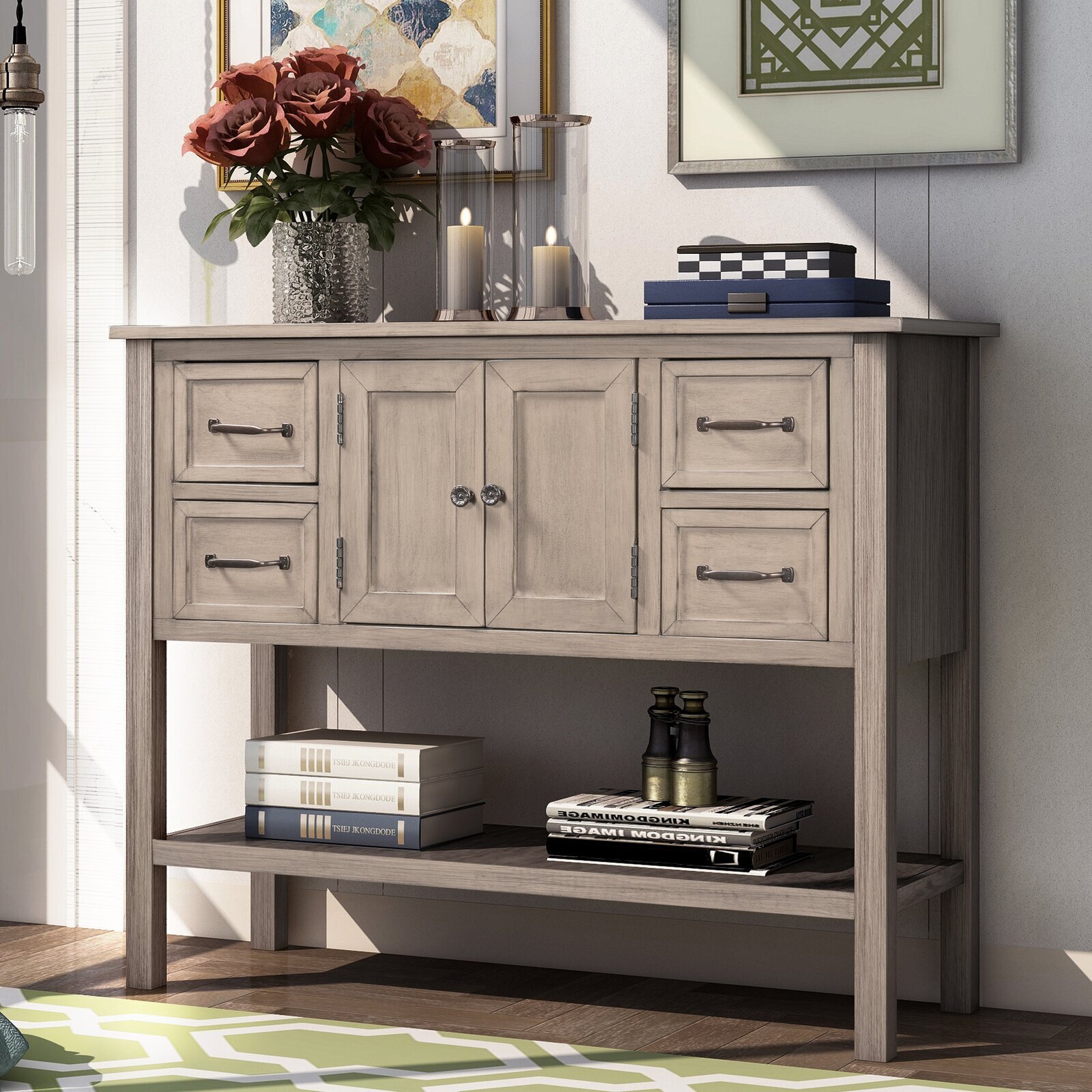 A greyscale narrow depth sideboard with an aged finish 