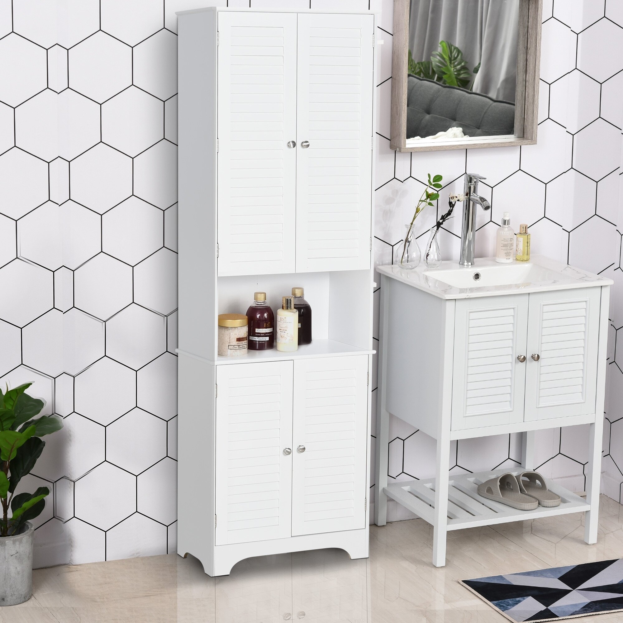 A light, breezy, vented bathroom pantry cabinet 