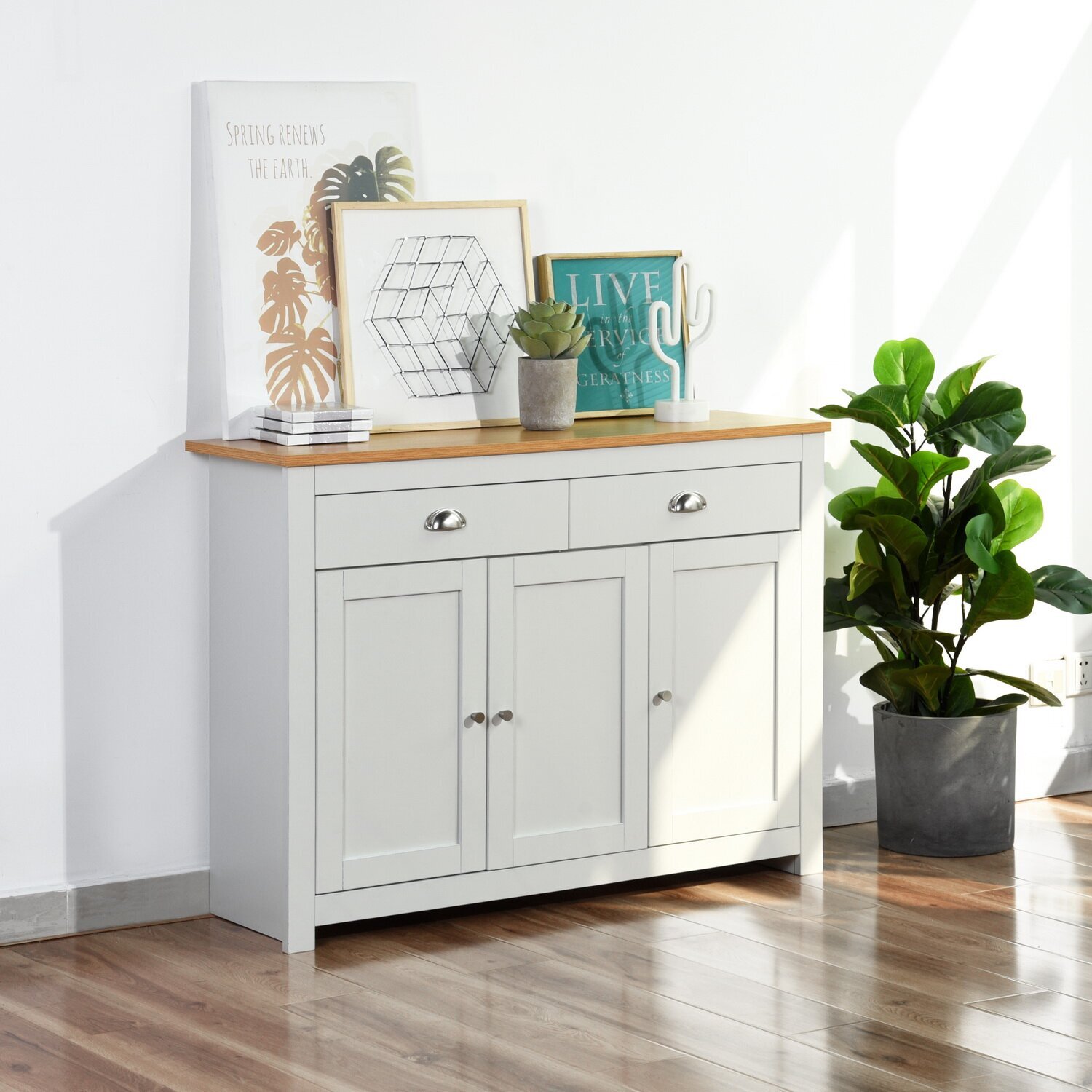 A narrow sideboard with drawers and cabinets 