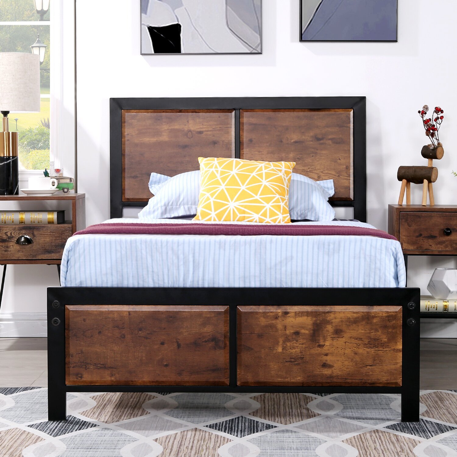 A paneled, minimalist iron and wood bed frame