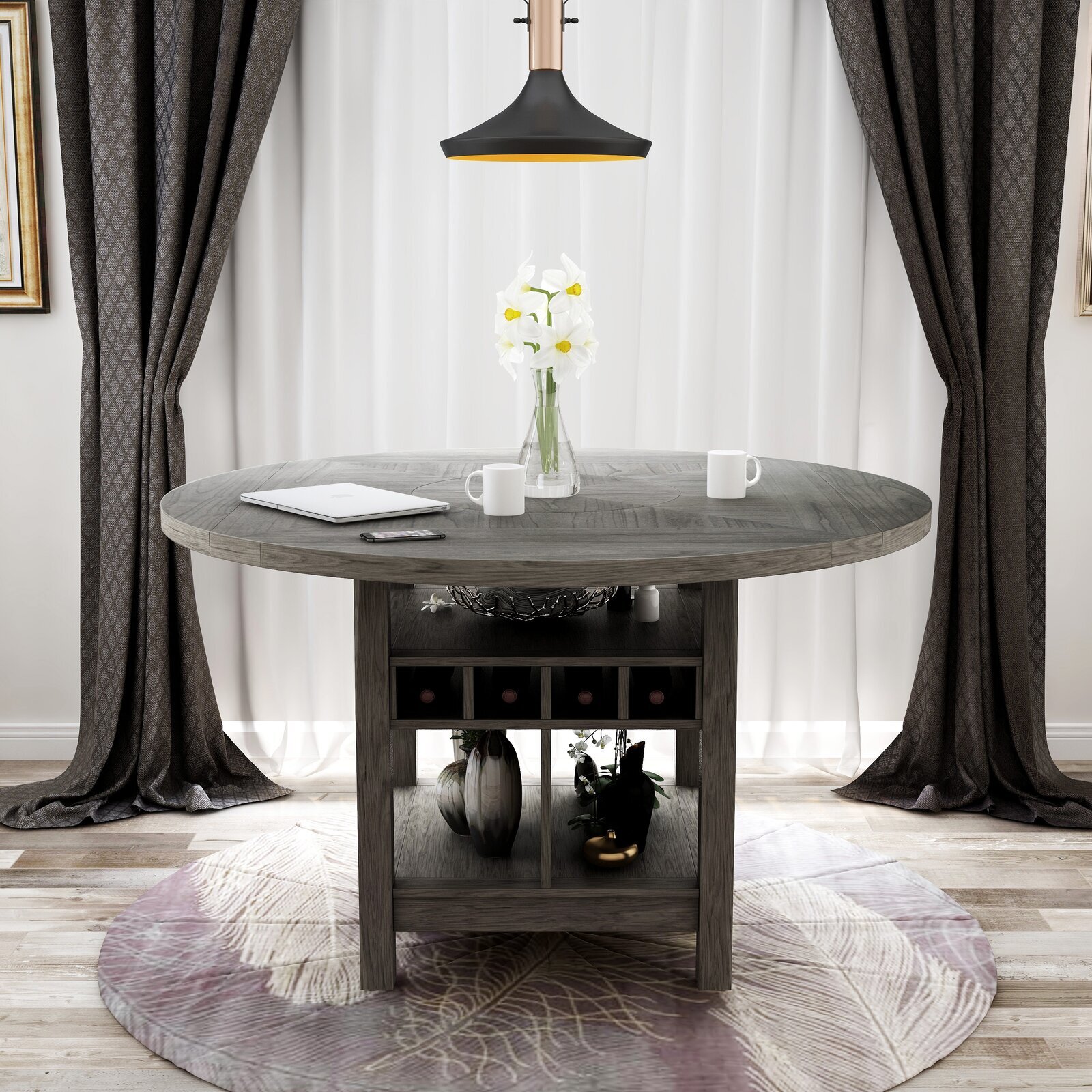 A round counter height dining table with storage