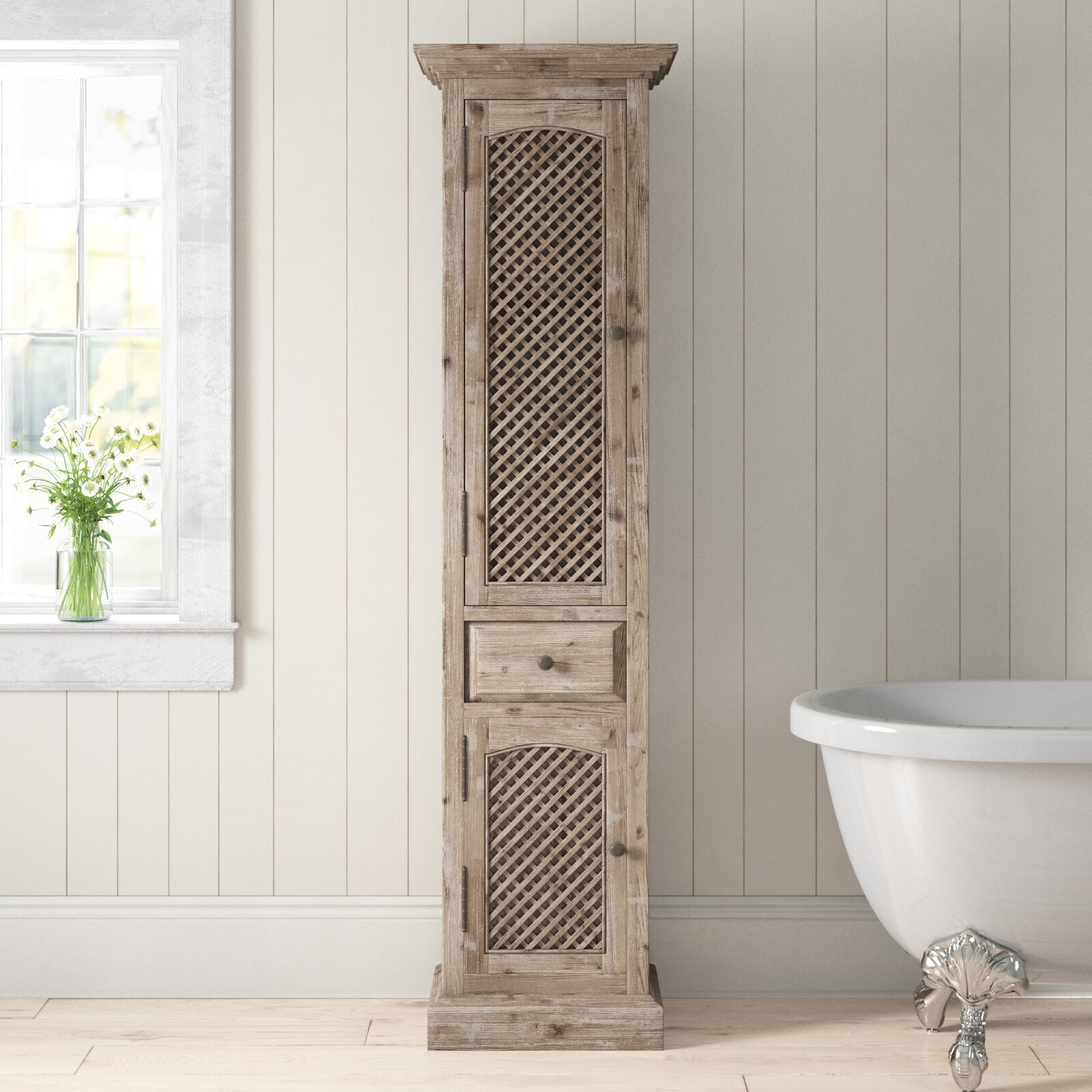 A tall bathroom storage cabinet with see through doors 
