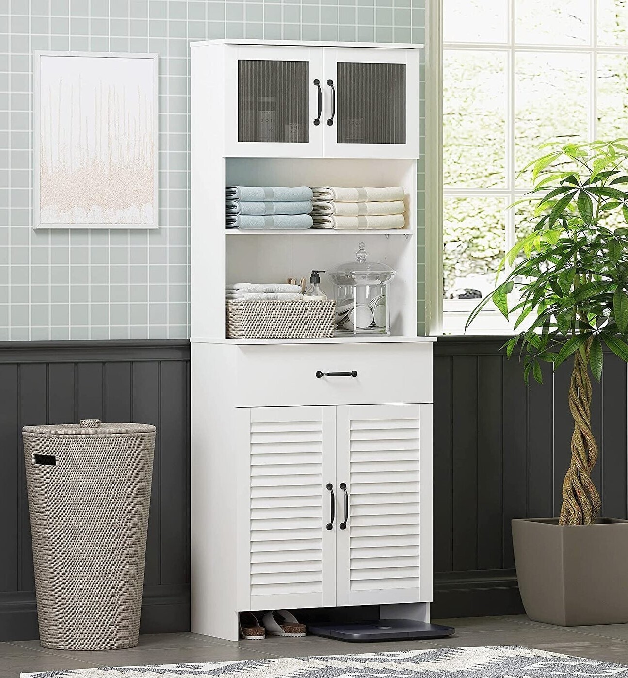 A tall linen cabinet with multifaceted storage 