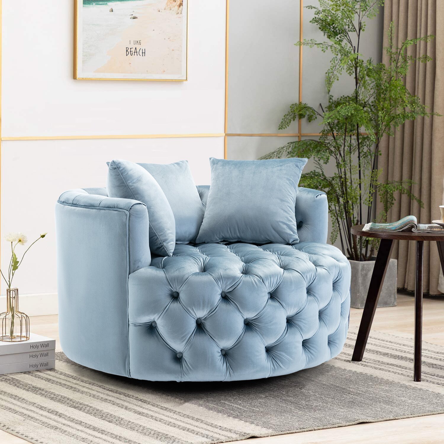 A tufted round swivel chair