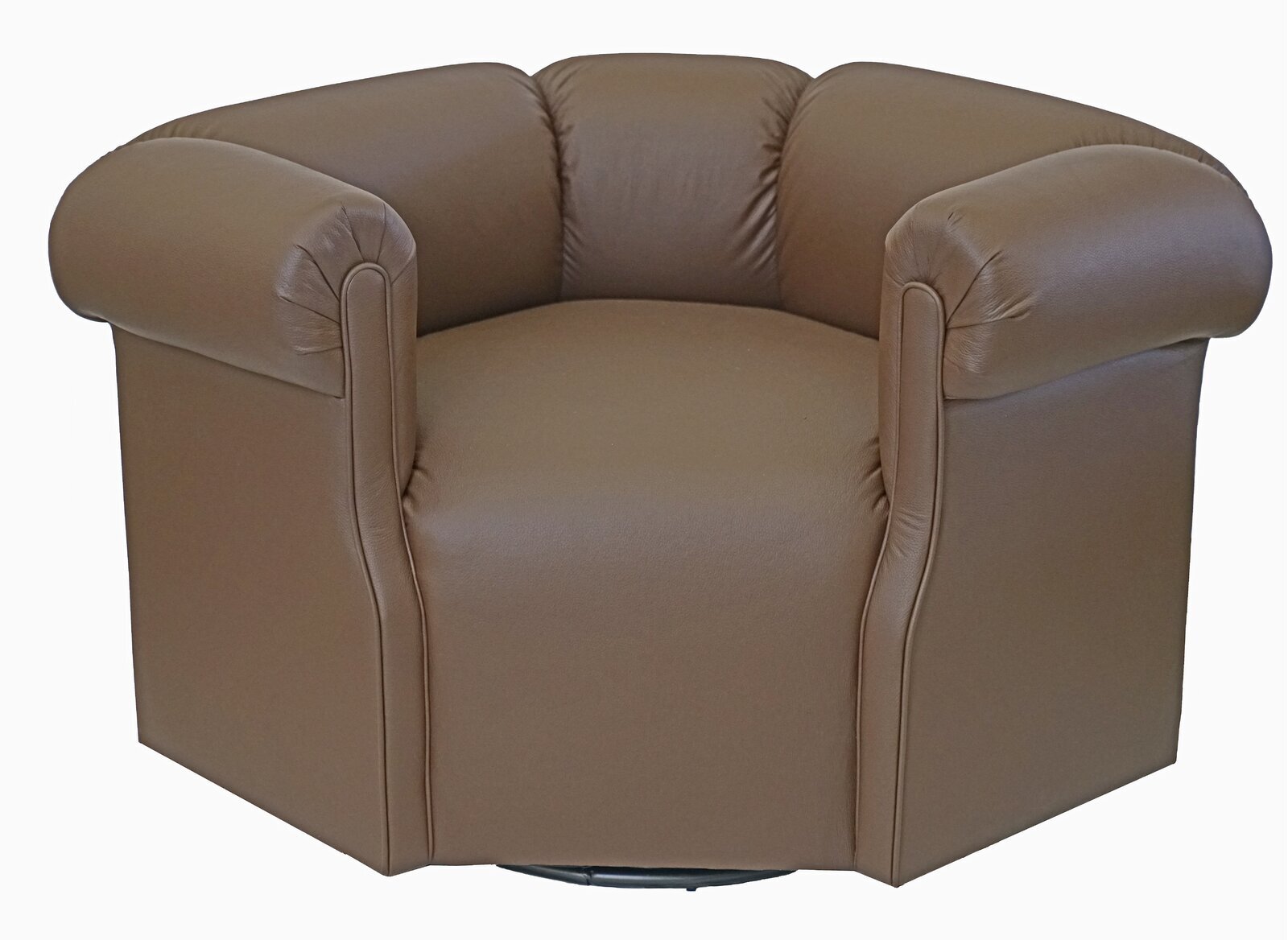 A wide barrel chair with high arms