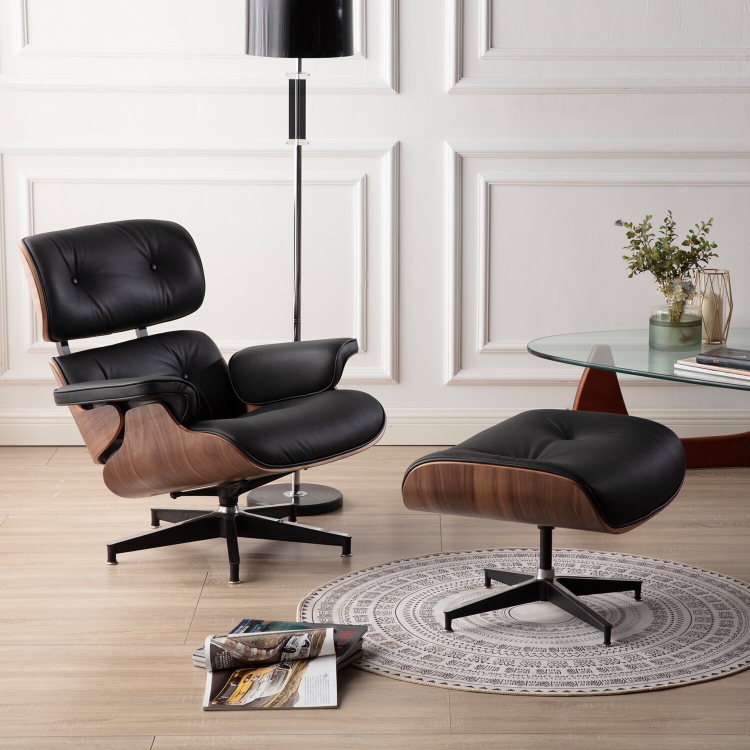 A Wood and Leather Swedish Chair and Ottoman