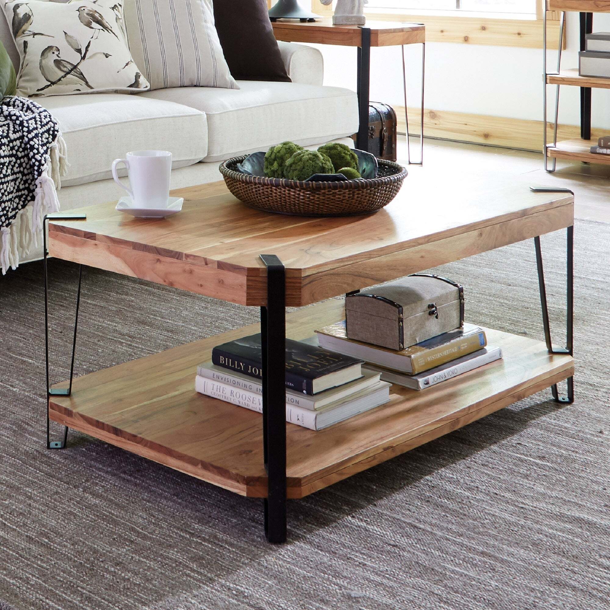 A wooden coffee table with storage underneath