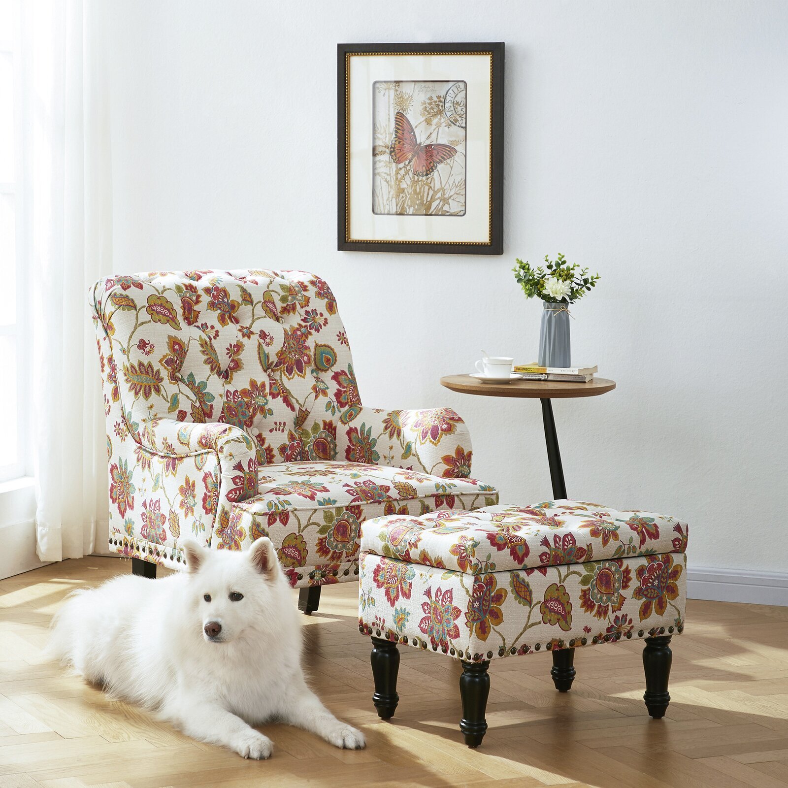 Abstract Floral Armchair with Ottoman