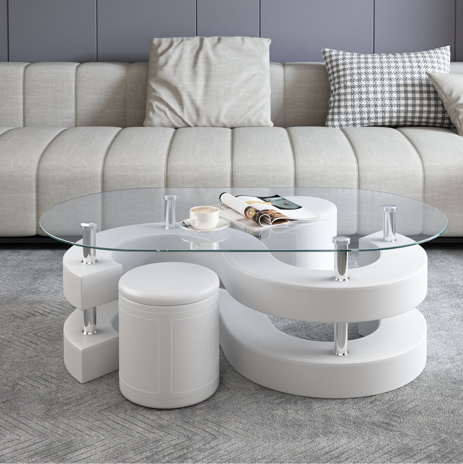Abstract S shaped coffee table with poufs for seating