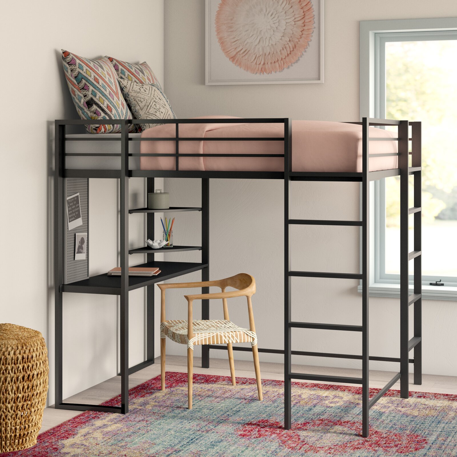 Adult Bunk Beds with Desk, Corner Triangle Shelves, and Built in Bulletin Board