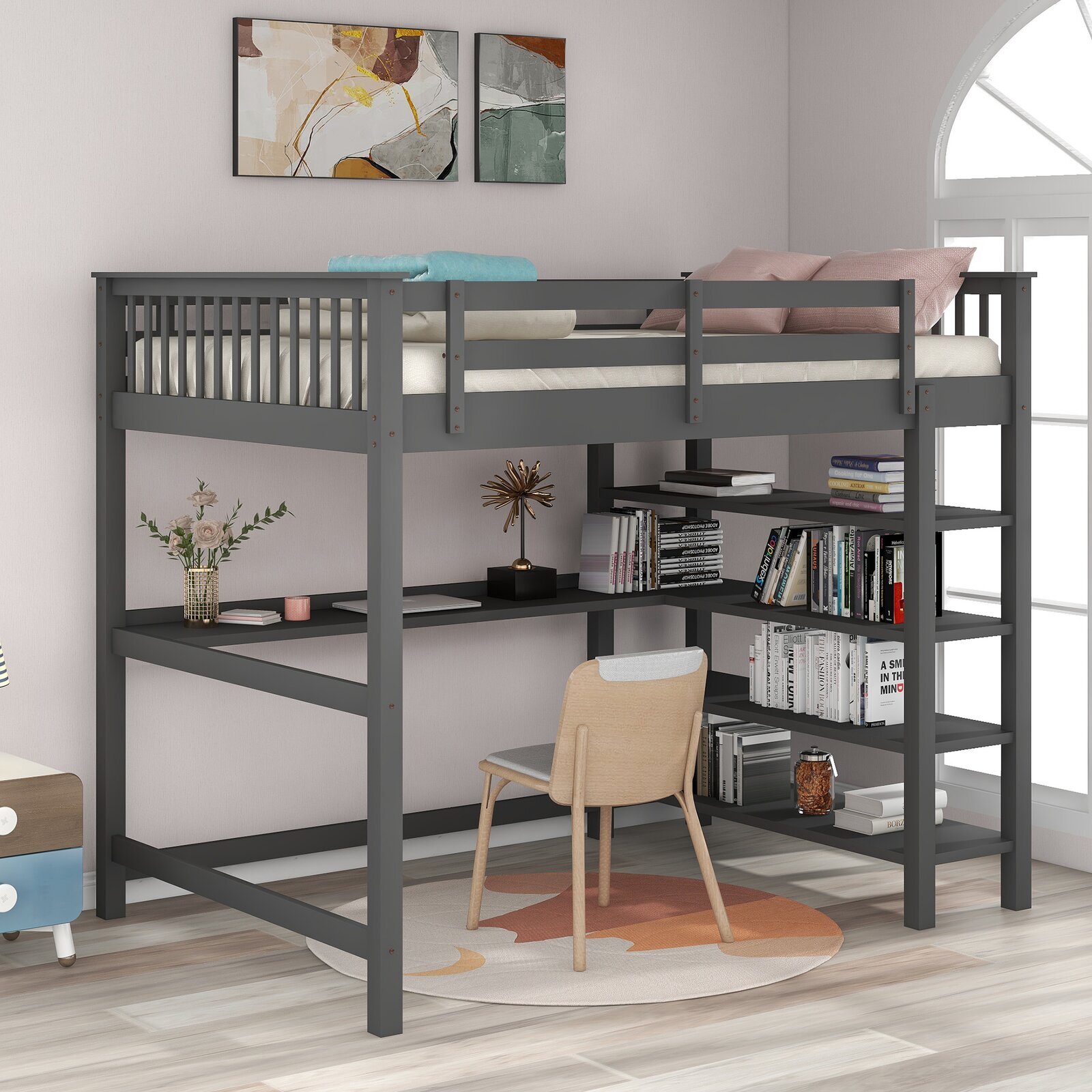 Adult Loft Bed with Desk and Floor to Bunk Full length Wooden Bookshelves