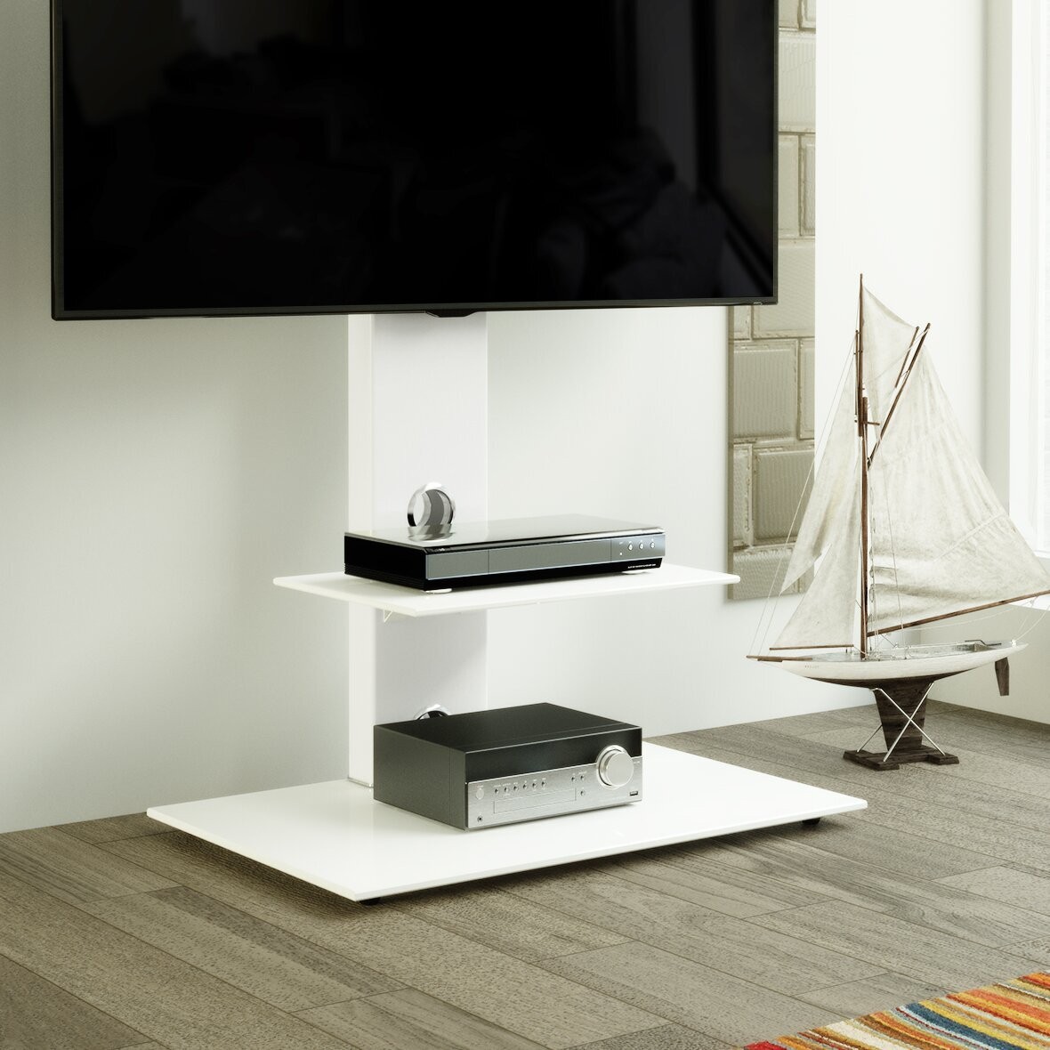 Aketzalli Latitude Run® White Floor Stand Mount for Screens With Shelving
