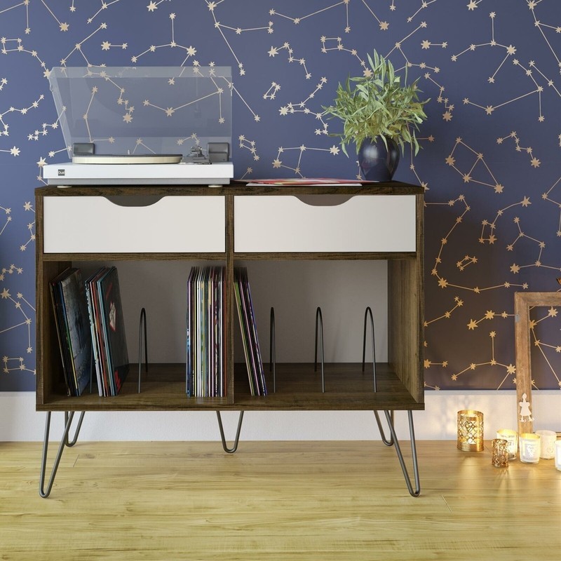 An accent piece of furniture with sound system storage