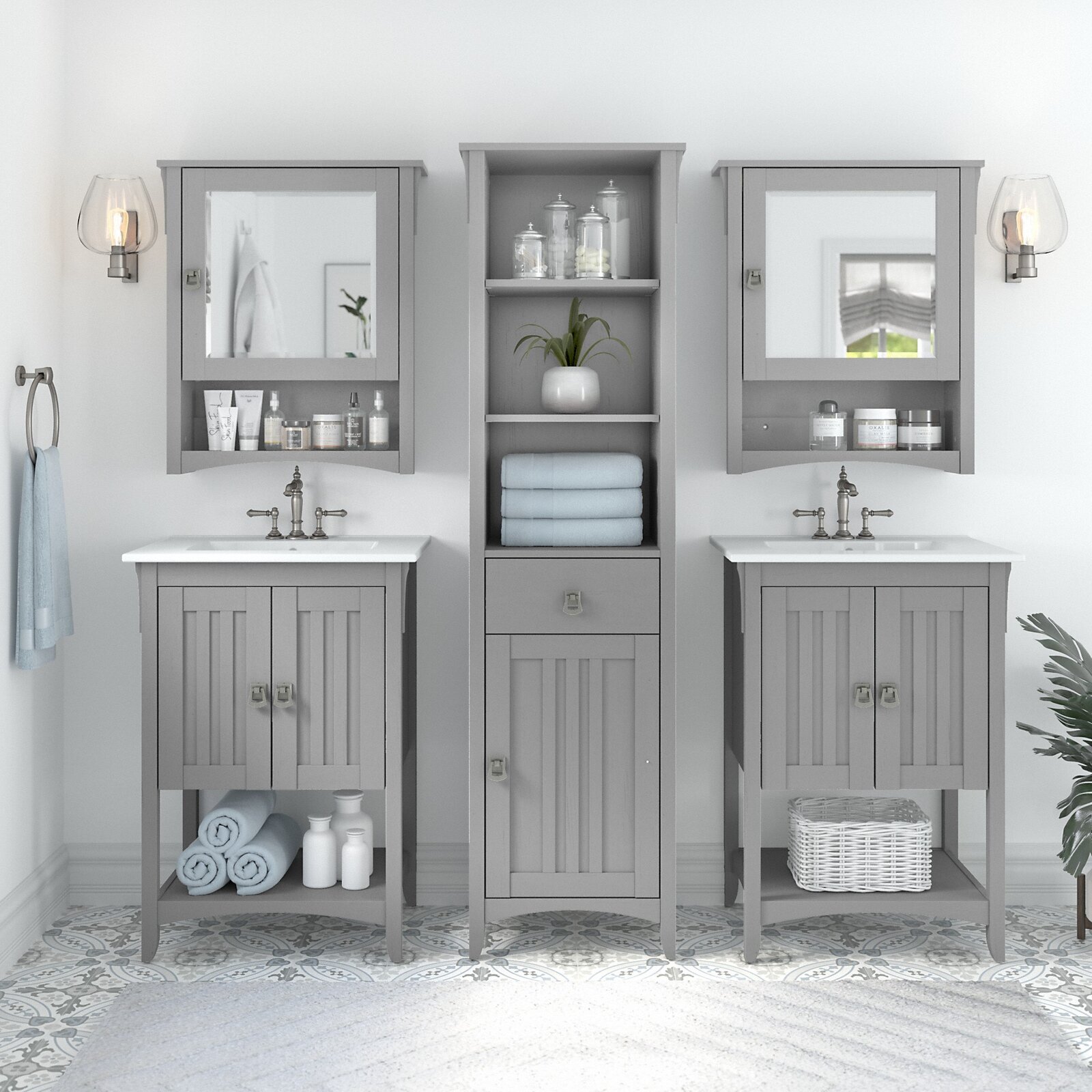 Bathroom vanity store with linen closet