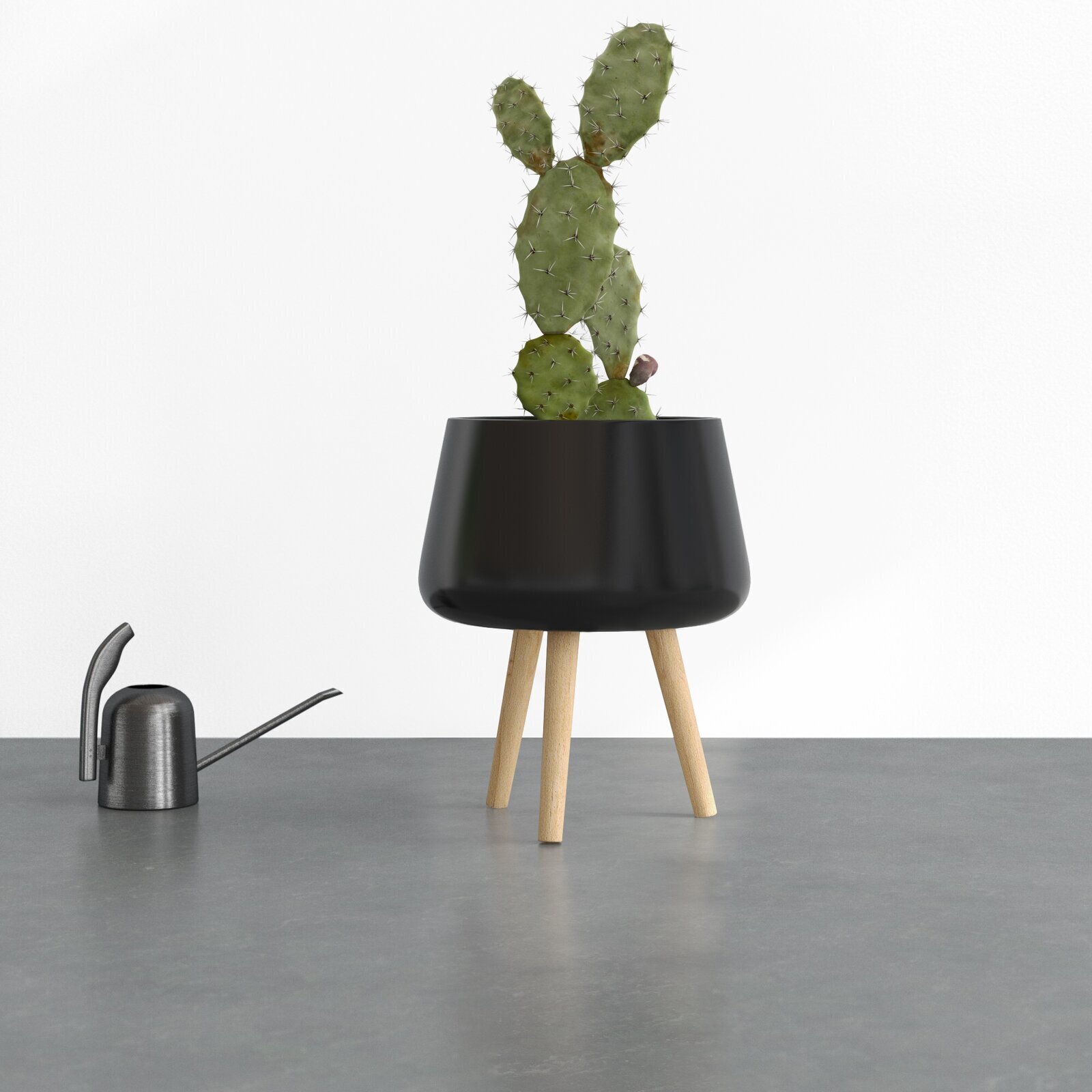 Black Ceramic Outdoor Ceramic Planters on Wooden Tripod Stands