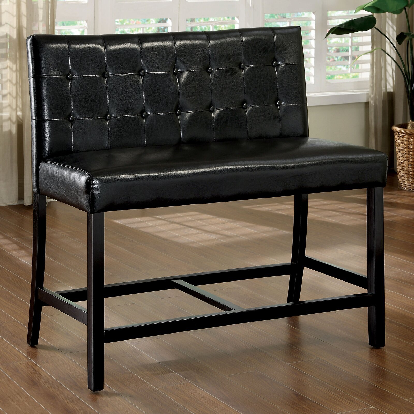 Black Leather Upholstered Bar Dining Bench with Back 