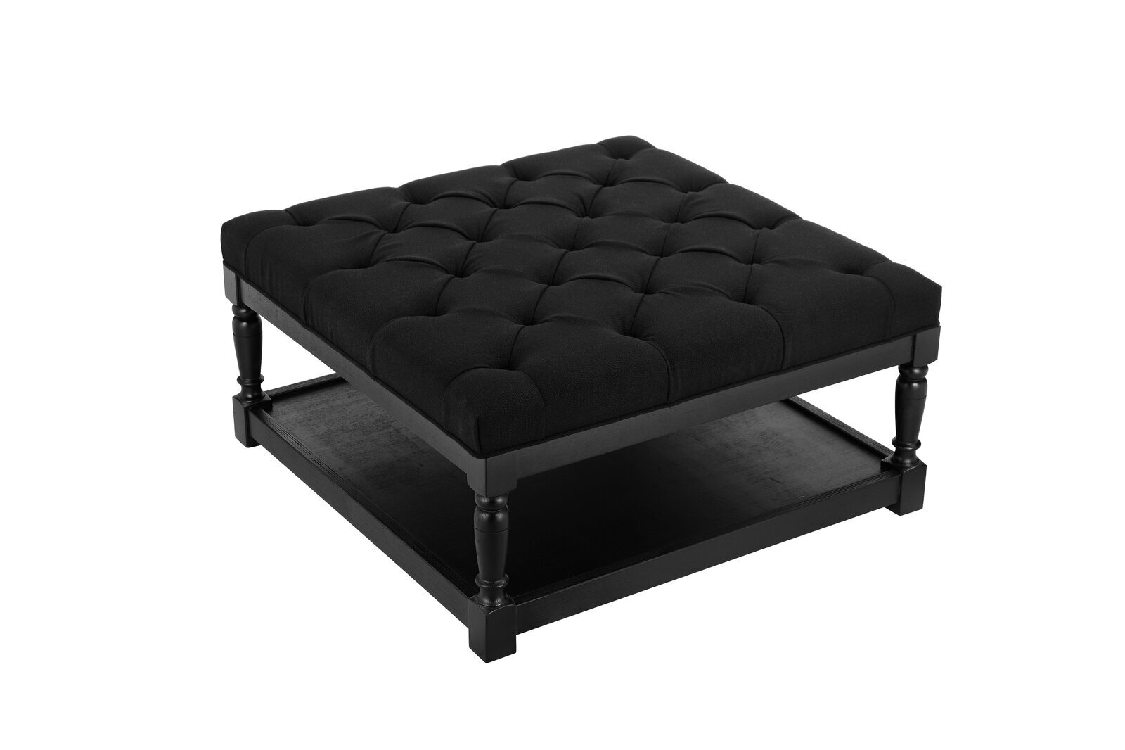 Black square coffee table with an upholstered top