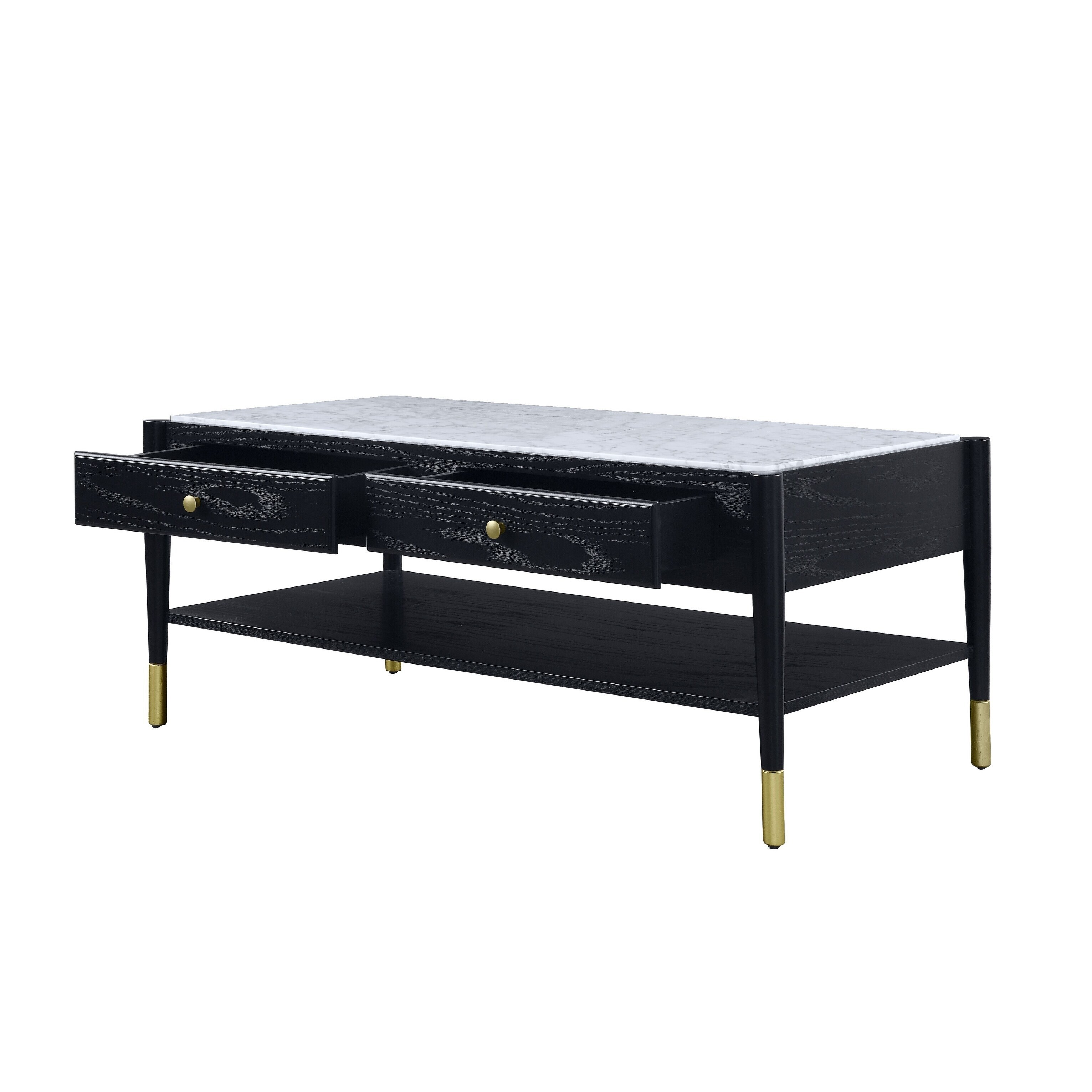 Black wooden coffee table with marble top & drawers