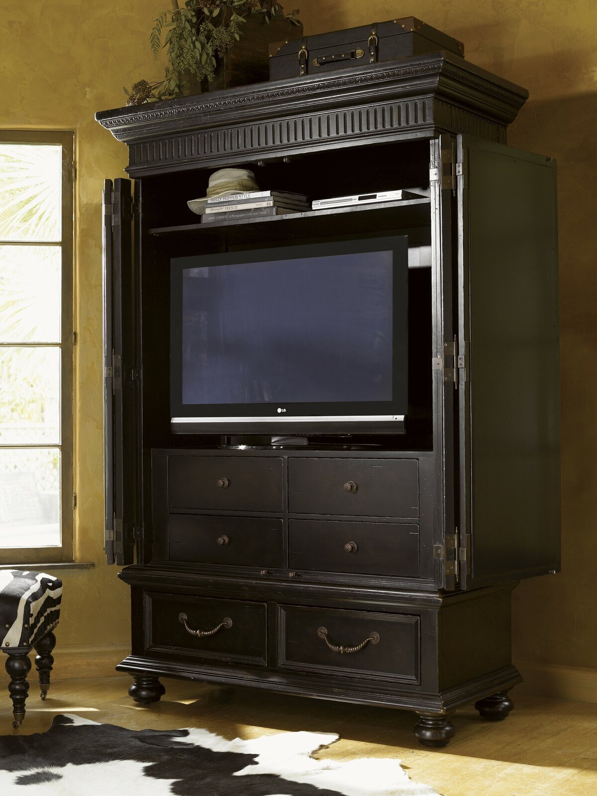 British Colonial Style TV Armoire With Doors and Drawers
