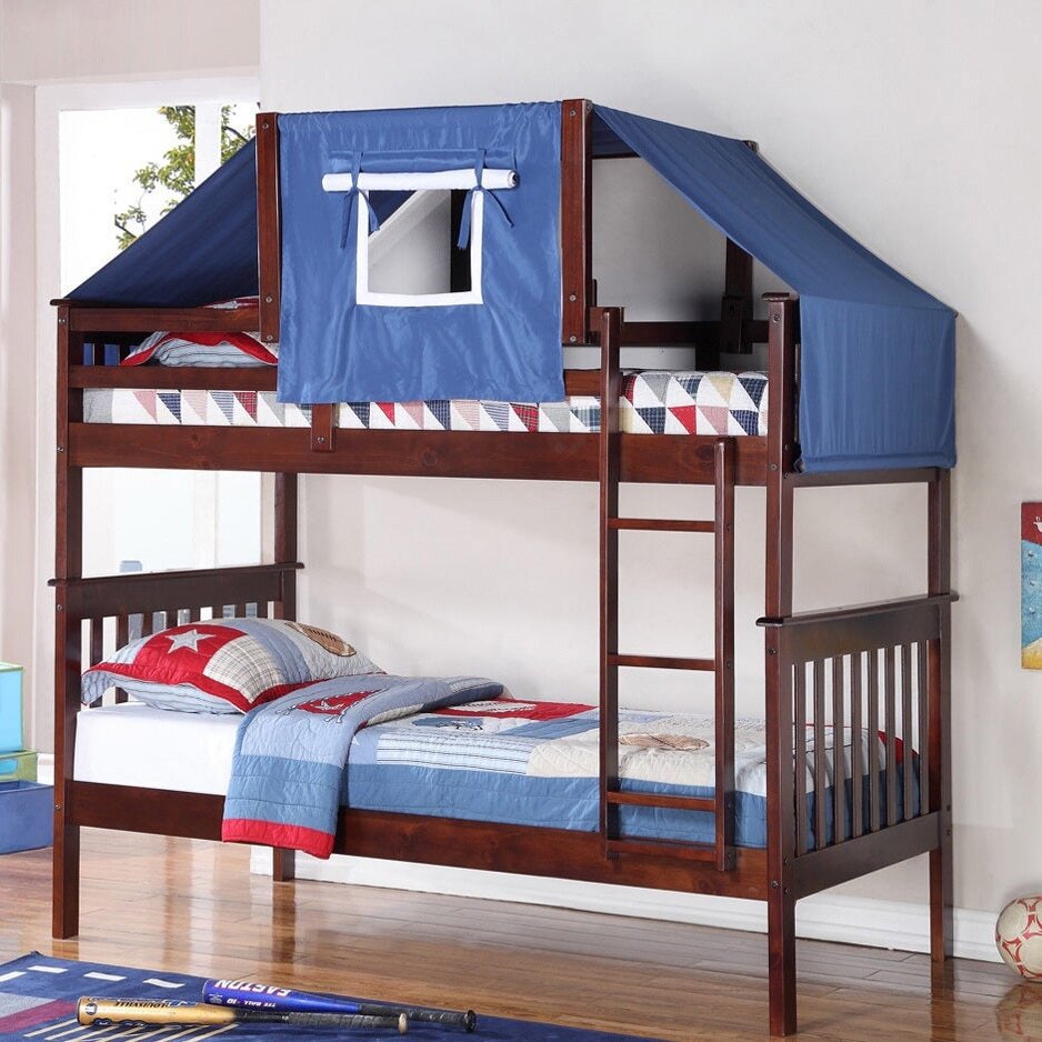 Bunk bed canopy with a windowed tent for the top bunk