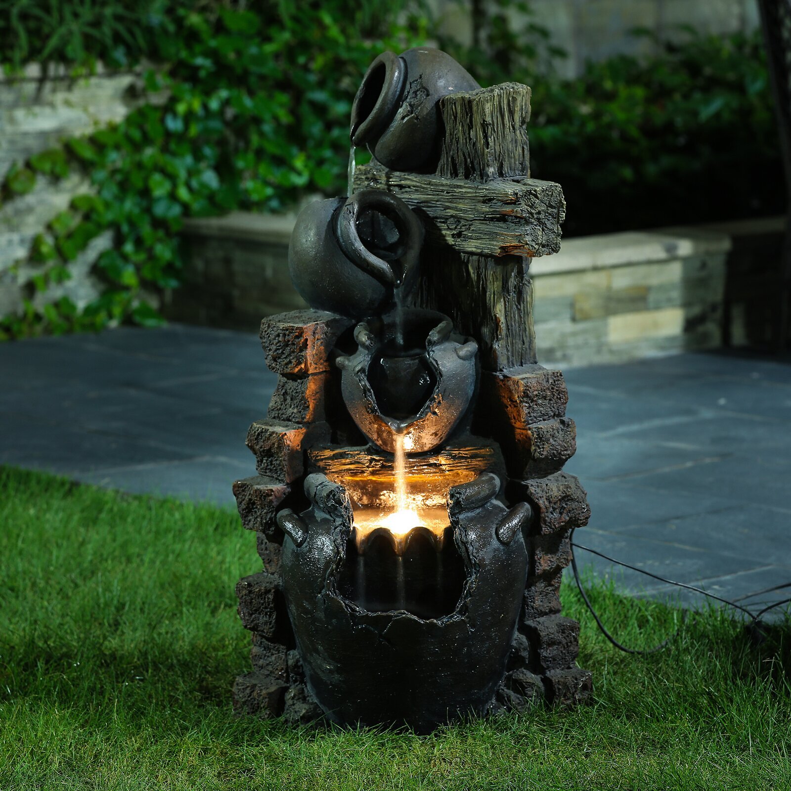 Cascading Pots Outdoor Corner Fountain with Light