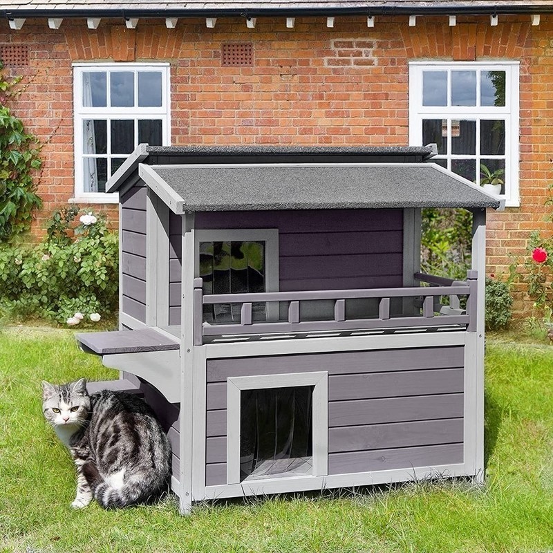 Cat House for Outdoor Feral Cats Enclosure with Large Balcony, Wooden Kitty Shelter, Waterproof