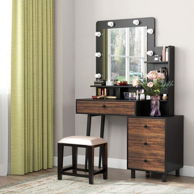 Celyne Wooden Makeup Vanity with Lights and Mirror