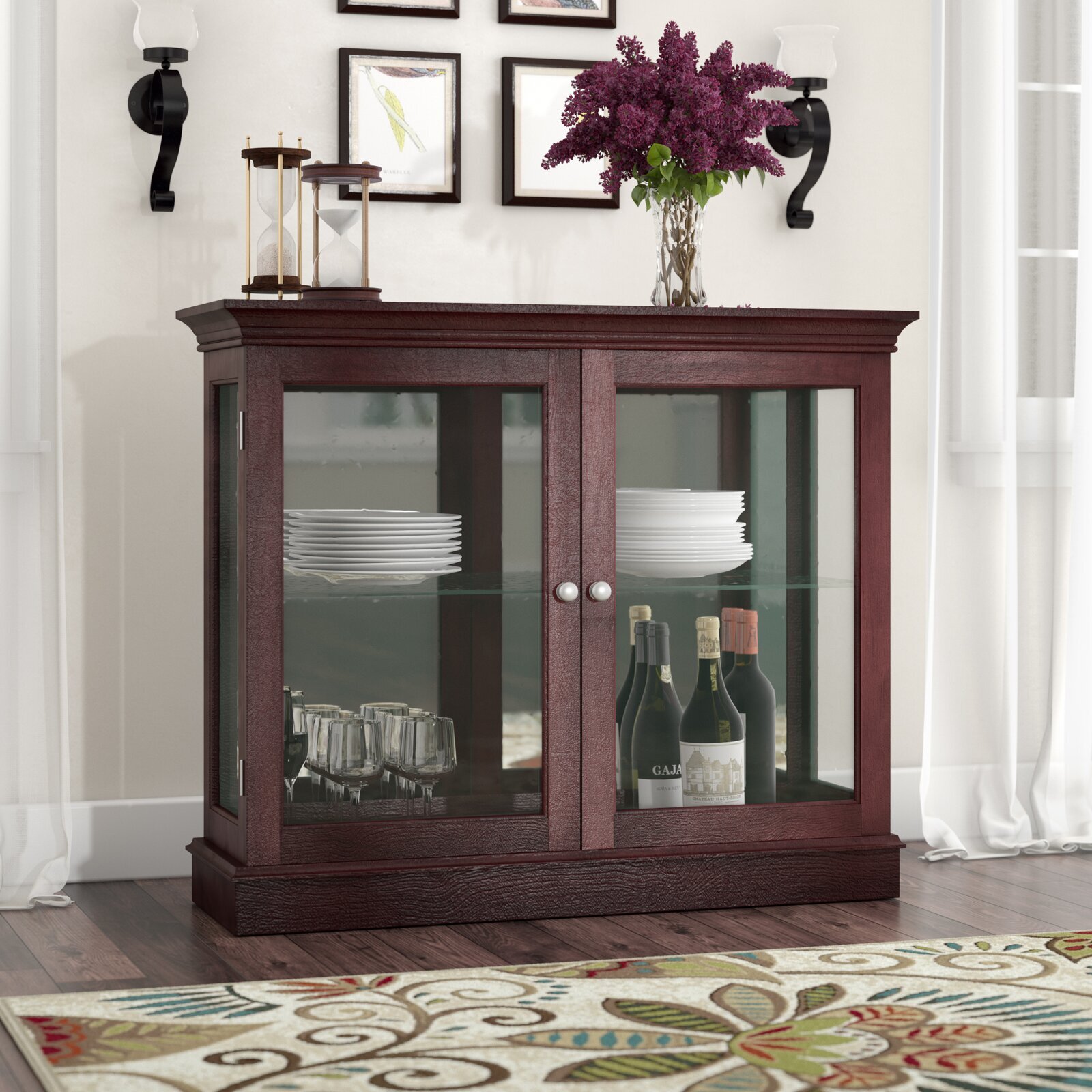 Cherry wood bookcase with glass doors