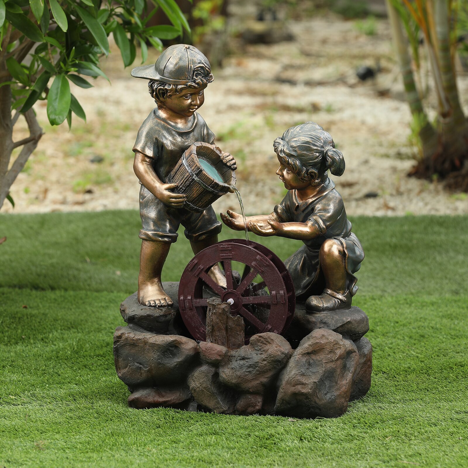 Children and Water Wheel Sculptural Outdoor Fountain