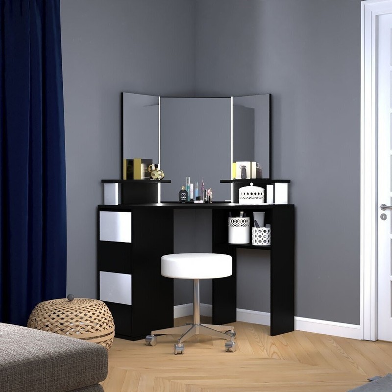 Cindy Corner Black and White Makeup Vanity with Lights and Drawers