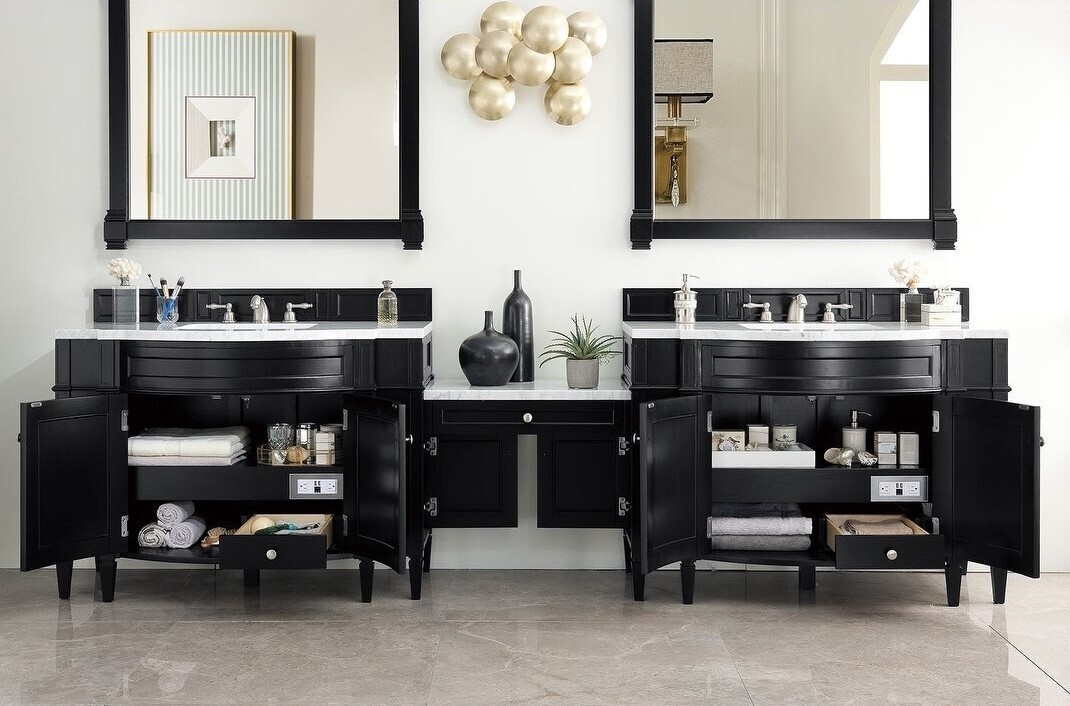 Colossal Rounded Double Vanity with Makeup Station, Towel Holders, and Side Cabinets